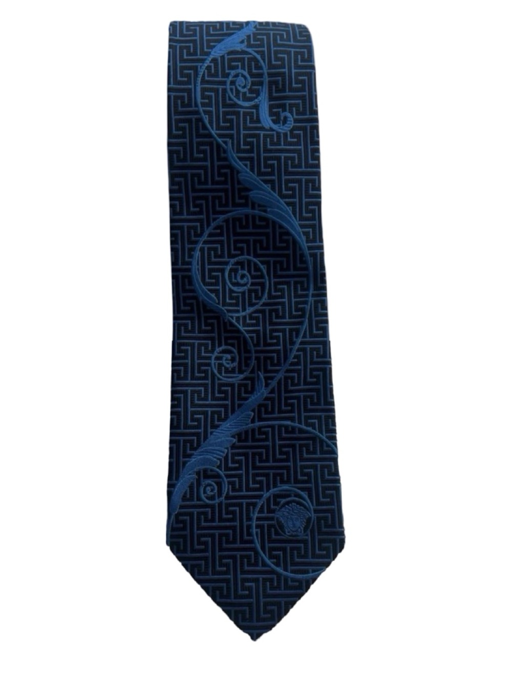 Versace Medusa Silk Tie Blue Black Greca Greek Key Baroque Vintage 59” Italy